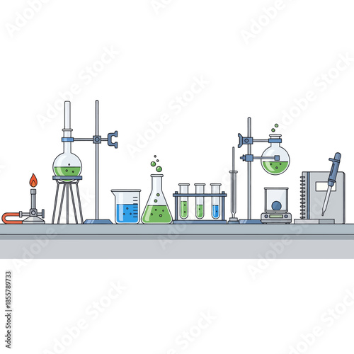 Comprehensive illustration of a modern laboratory setup with scientific glassware and equipment
