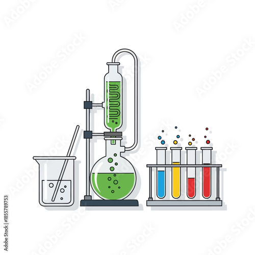 Modern laboratory glassware setup with colorful reagents and scientific equipment illustration