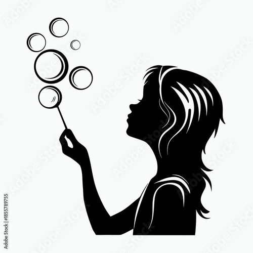 Girl blowing bubbles with joy in a playful silhouette style  