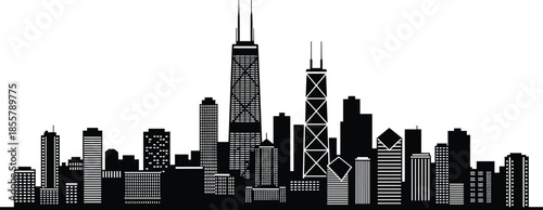 Chicago skyline silhouette, black and white cityscape, urban architecture vector, iconic skyscraper design, cultural landmark illustration, USA building scene
