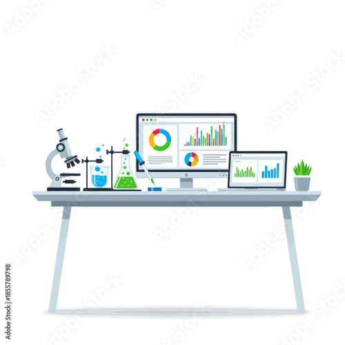 Modern scientific laboratory setup with digital data analysis and research equipment for