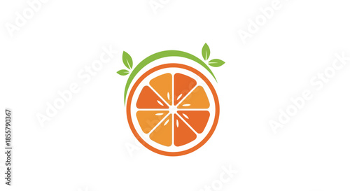 Stylized orange slice with green leaves and abstract design elements emphasizing freshness and