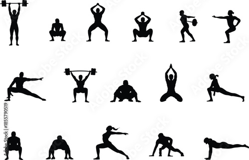 Fitness exercise silhouette icon set, black vector workout poses, yoga, strength, flexibility, and body movement illustration for training routines