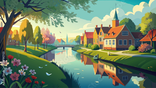 Very beautiful springtime scene of the Linge River flowing through Geldermalsen, framed by fresh greenery, calm water reflections, and peaceful urban nature in the Dutch countryside.
