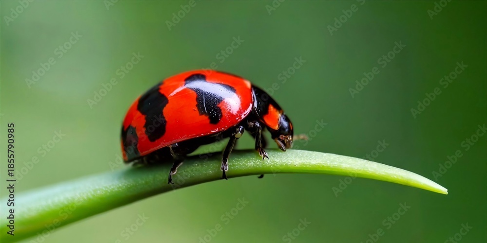 Fototapeta premium Red Ladybug on Green Leaf with Natural Background (Macro Photography)