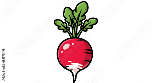 Cartoon-style radish with green leaves and white root on a plain white background