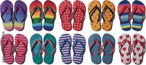   
Flip-flop icon set, colorful vector footwear designs with polka dots, stripes, hearts, and rainbow patterns for fashion and summer themesvv