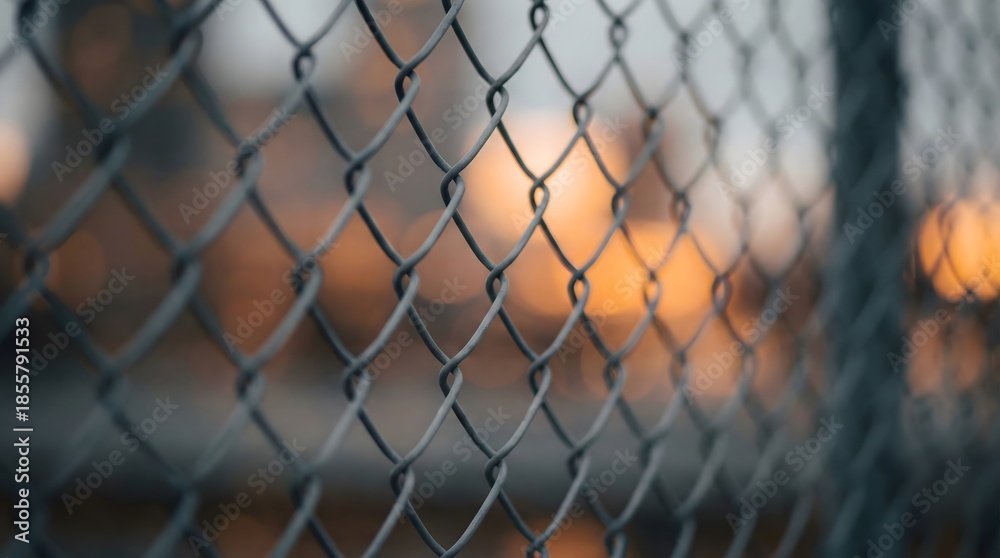 Fototapeta premium Chain Link Fence Detail with Blurred Warm Bokeh Background