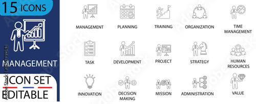  Modern outline vector icons representing business management and organization. Ideal for corporate strategy reports, marketing infographics, and UI design.Vector line icons collection.