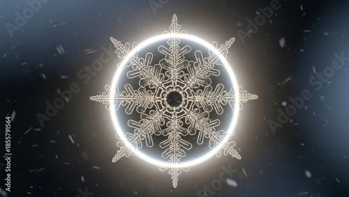 Glowing white snowflake with intricate patterns on dark background with falling snowflakes and soft light