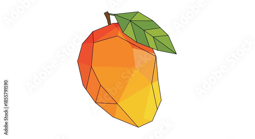Low Poly Style Mango Fruit with Leaf Illustration for Design Projects and Decorative Use