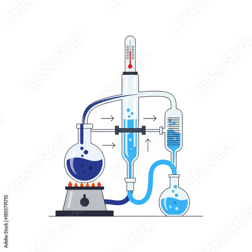 Simplified laboratory distillation setup illustrating essential components and process flow for