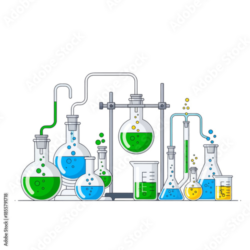Colorful laboratory glassware with chemical liquids and bubbling solutions showcasing scientific