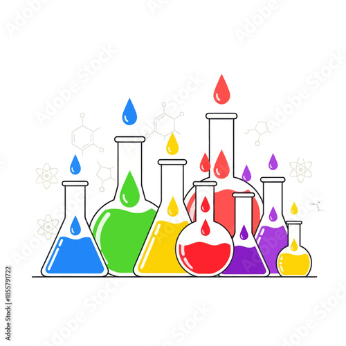 Colorful laboratory glassware filled with various vibrant liquids arranged in a scientific setting