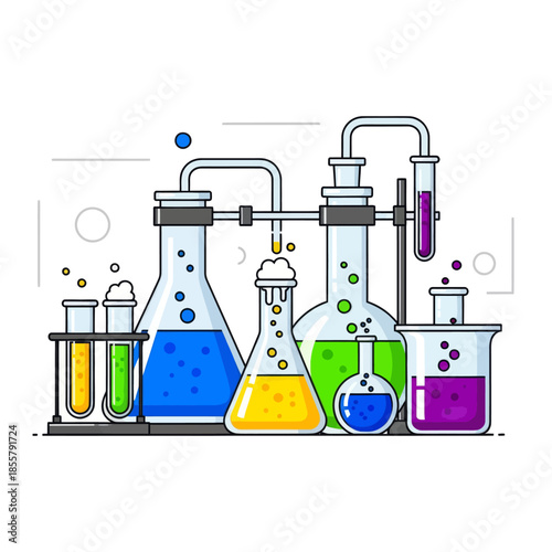 Colorful Laboratory Glassware with Chemical Liquids and Bubbles Illustrating Scientific