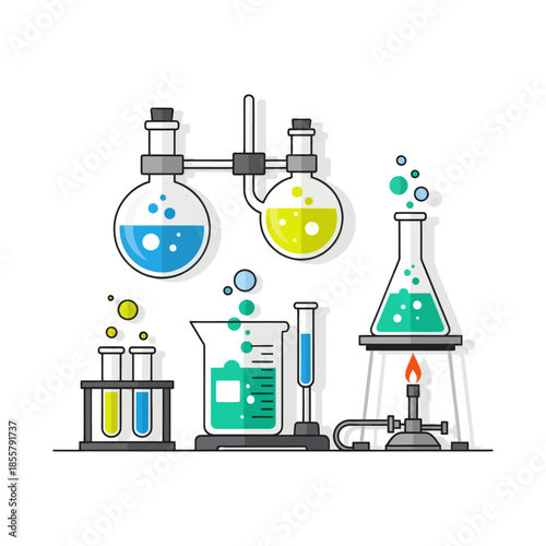 Vibrant Laboratory Glassware Setup Featuring Test Tubes Beakers and Bunsen Burner for Scientific