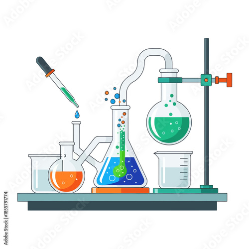 Modern laboratory glassware setup with colorful chemical reactions and scientific equipment for