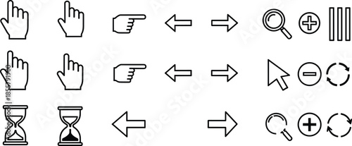 User interface icon transformation set, cursor equivalence chart, digital interaction symbols, UI gesture mapping, vector design elements, software assets