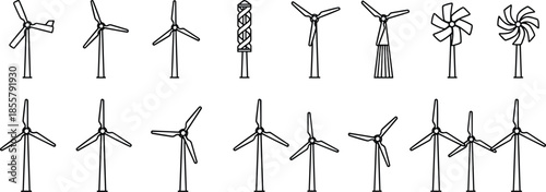 Wind turbine icon set, vertical and horizontal axis designs, renewable energy vector collection, engineering blade styles, sustainable power illustration