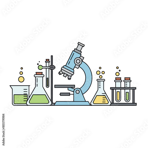Advanced Laboratory Equipment Setup Featuring Microscopes and Chemical Glassware for Scientific