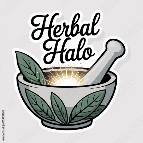 Herbal Halo mortar and pestle with glowing herbs, apothecary emblem sticker, natural remedy brand vector for teas, tinctures, wellness and holistic products