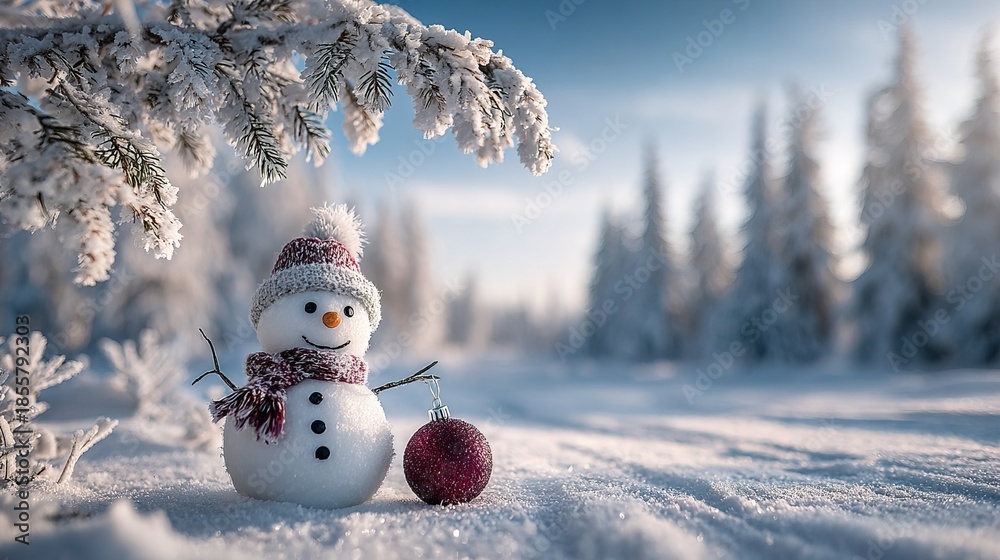 Fototapeta premium Festive Snow Scene featuring Cute Snowman with Scarf and Ornament Outdoors