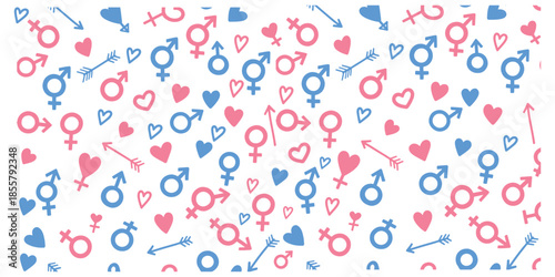 Colorful pattern of gender symbols and hearts on white background