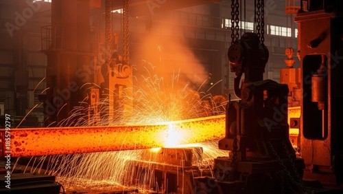 Intense sparks erupt from glowing hot metal processed by heavy machinery in a dark industrial factory setting