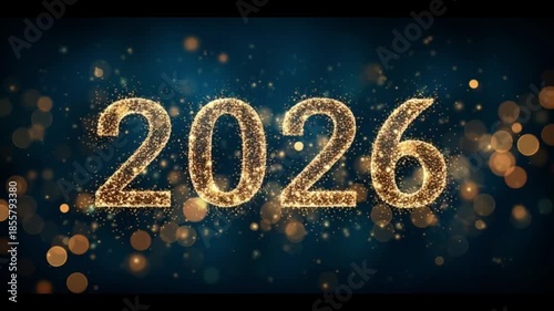 Golden sparkling numbers 2026 appear on a dark blue background filled with shimmering bokeh lights creating a festive atmosphere for celebrations and events
