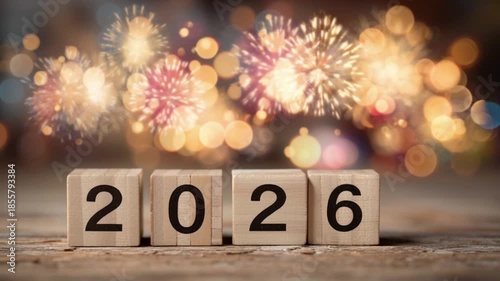 Wooden blocks displaying the year 2026 with vibrant fireworks in the background, showcasing a festive atmosphere and celebratory mood as the countdown progresses