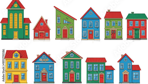 Cartoon house collection with twelve colorful architectural styles for residential, urban planning, and educational design themes.