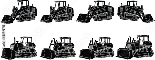 Silhouettes of bulldozers and front loaders in profile view, showcasing heavy construction machinery for earth-moving operations