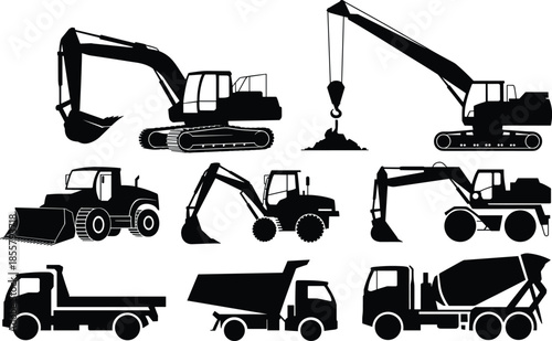 Silhouettes of construction vehicles including excavators, cranes, bulldozers, dump trucks, and mixers, showcasing heavy machinery on white background