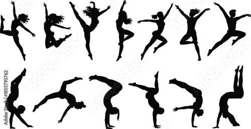 Silhouettes of dancers and gymnasts in acrobatic poses, showcasing flexibility, strength, and expressive movement on white background
