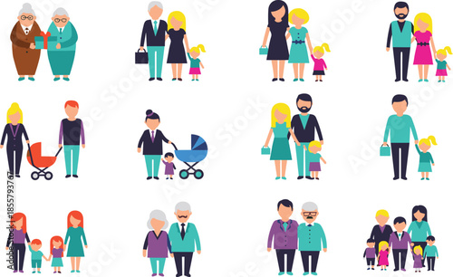 Silhouettes of diverse family groupings in various poses, representing generational relationships, caregiving, and social interaction on white background