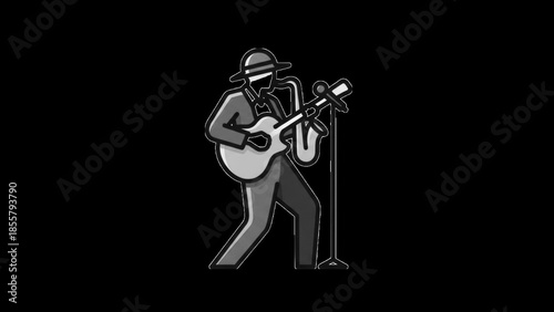 Stylized monochrome illustration of a musician playing guitar and saxophone with a microphone image