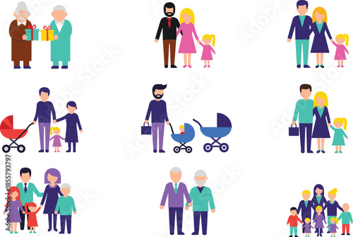 Silhouettes of diverse family groupings in various poses, representing generational relationships, caregiving, and social interaction on white background