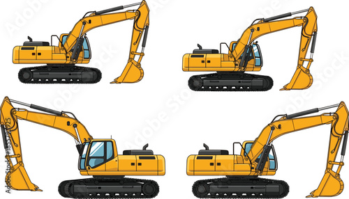 Yellow hydraulic excavator illustrations in four operational poses, showcasing construction machinery movement and versatility on white background