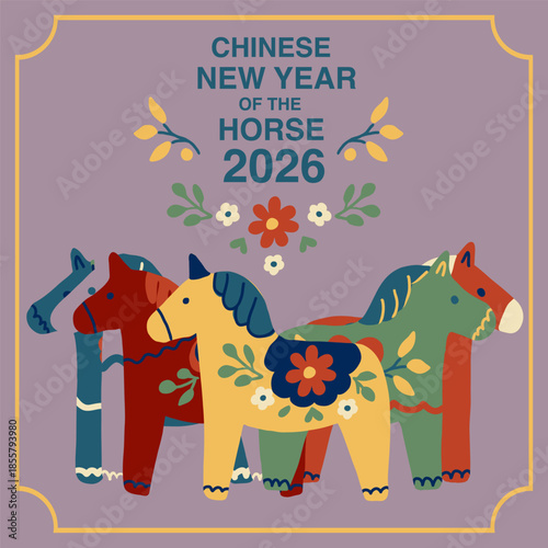 Chinese New Year 2026 year of the horse vector illustration. Dala horse folk art illustration. 