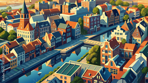 Very beautiful aerial top-down view of Amsterdam’s residential district, showcasing geometric canals, modern Dutch architecture, organized streets, and water-integrated urban design from above.
