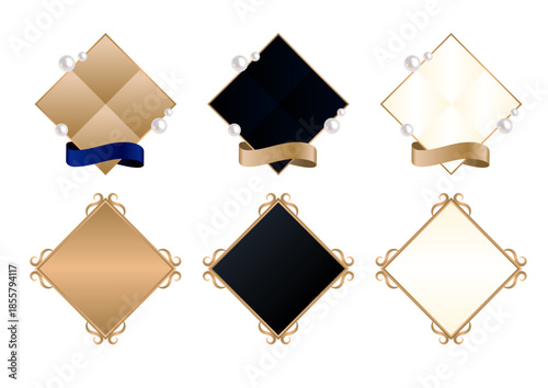 パールとリボンで装飾されたゴールドとブラックとホワイトの菱形エンブレムセット。唐草模様のフレームと光沢のあるメタリックな質感のメダル。ランキングや受賞用バッジのベクターイラスト