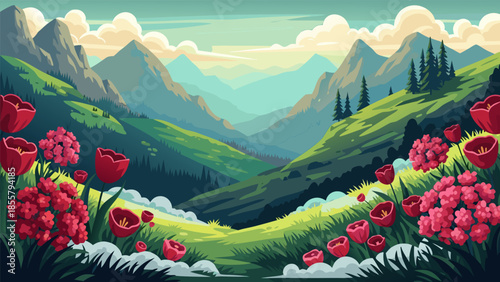 Serene Mountain Landscape with Vibrant Flowers Vector Illustration