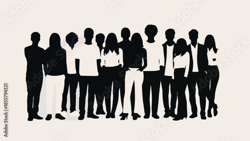 Diverse group of people standing together in silhouette.