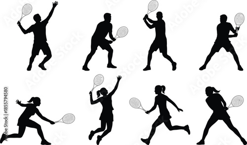 Black tennis player silhouettes, men and women athletes, racket swing action poses, isolated vector illustration, sports training competition design set