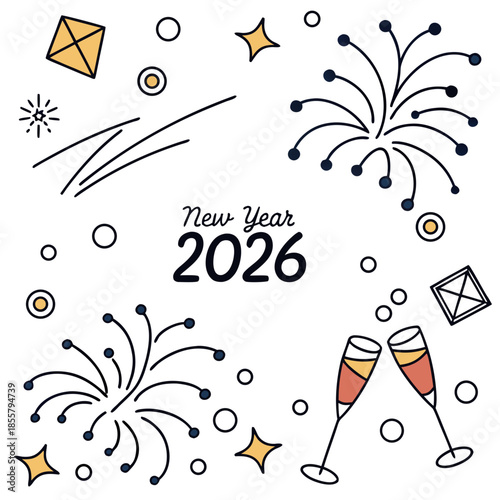 A festive graphic illustration for New Year 2026 featuring fireworks, champagne glasses, stars, and confetti on a white background.