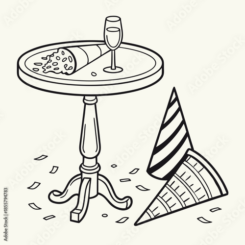 Line art illustration of a small table with a champagne glass and party popper, surrounded by confetti and two party hats on the floor, depicting a post-celebration scene.