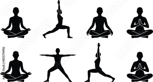 Black yoga silhouettes meditation poses women fitness balance mindfulness asana collection, isolated vector illustration, wellness training design set white background