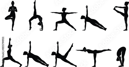 Black yoga pose silhouettes, women fitness flexibility balance meditation asana collection, isolated vector illustration, wellness training design set white background