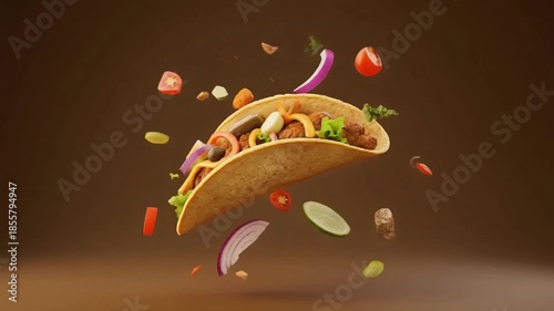 Flying taco art-style composition with ingredients placed in clean separated distances.