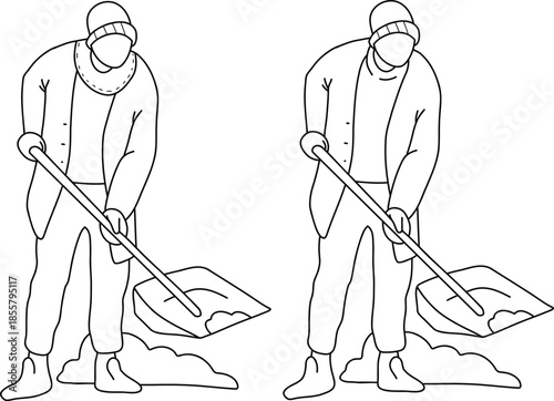 A set of vector linear illustrations of a person shoveling snow. A simple outline scene of winter cleaning for seasonal designs, snowfall, and snowdrifts.